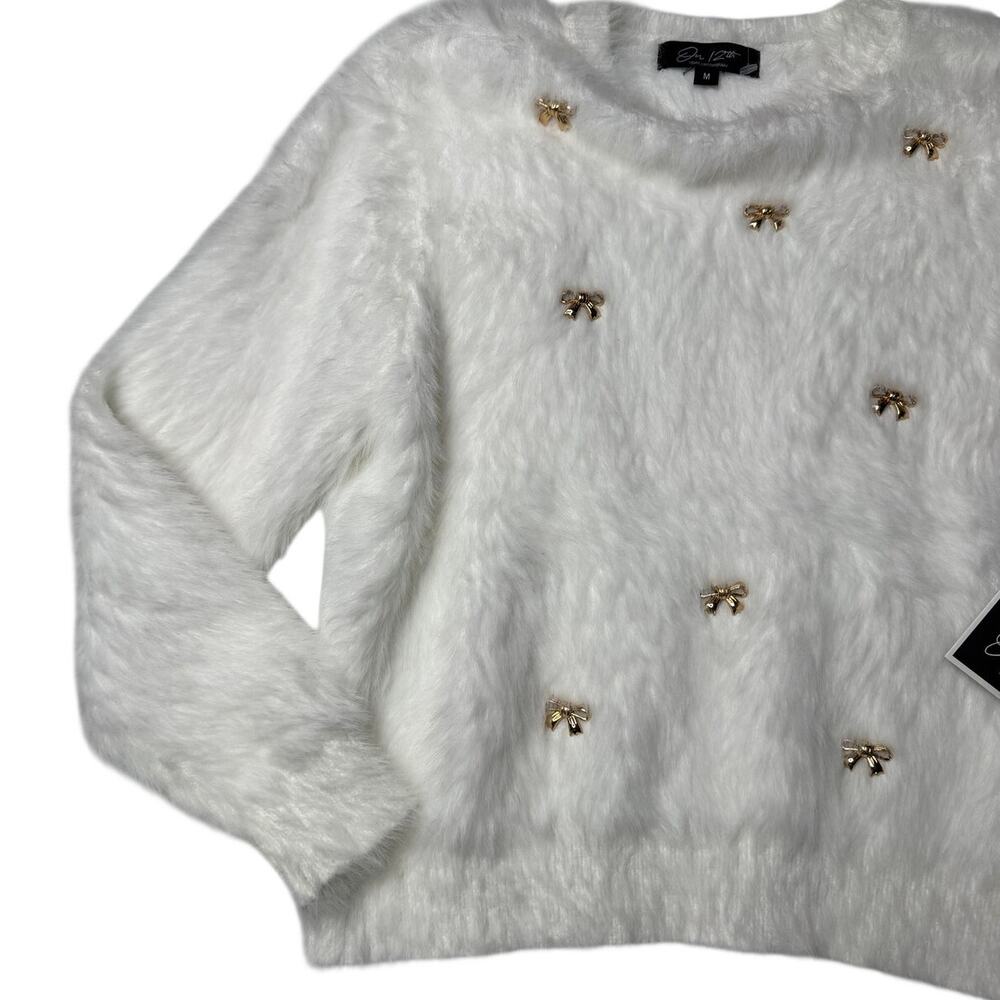 On 12th White Fuzzy Gold Bow Sweater Size Medium NWT Coquette Balletcore - Picture 5 of 12